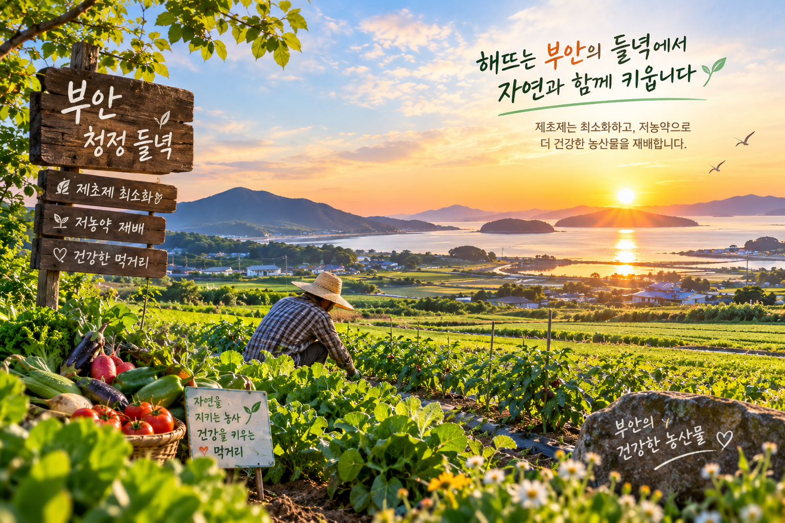 해뜨는 부안의 들녘에서 자연과 함께 키웁니다. 제초제는 최소화하고, 저농약으로 더 건강한 농산물을 재배합니다. 부안 청정 들녘 훈훈한 농장.[cite: 11]